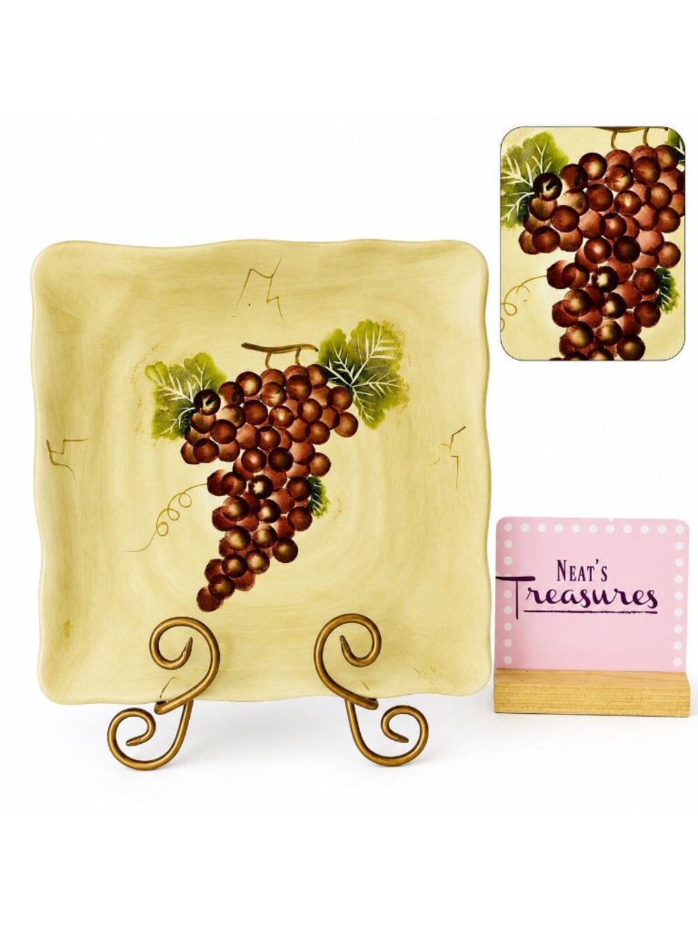 Tabletops CABERNET Rippled Hand Painted Red Grapes Ceramic Dinner Plate Platter